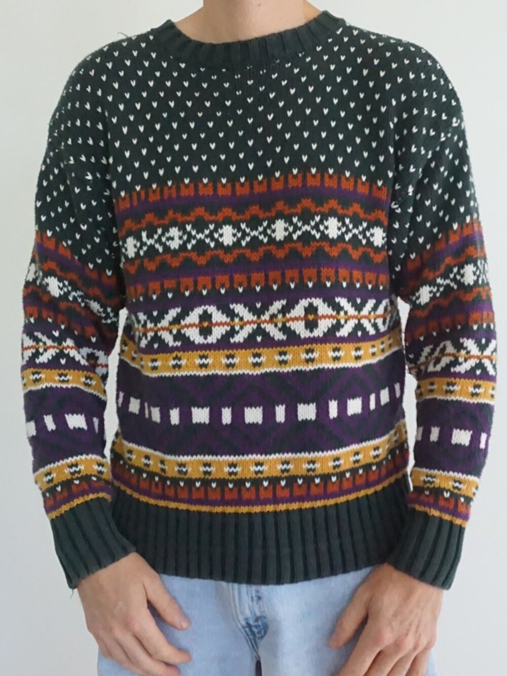 Vintage Denver Hayes Green Purple Rust Fair Isle Snowflake Nordic Knit Sweater L